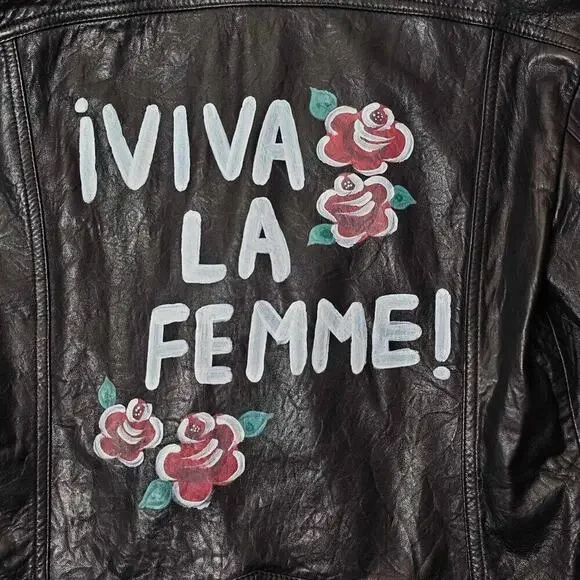 Joie Black Leather Moto Jacket Viva La Femme Graphic Print New Size S